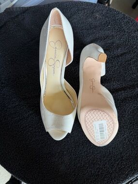 Jessica Simpson Cream Patent Peep-Toe Heels